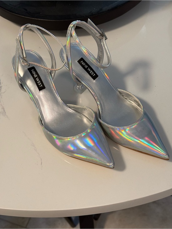 Nine West Shoes - Nine West Iridescent Silver Pointed-Toe Slingback Heels